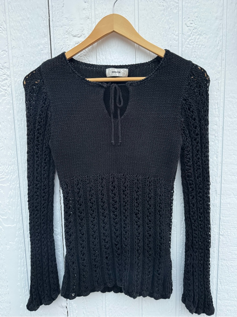 GAS Vintage Black Open Knit Ramie Cotton Sweater Bell Sleeve Y2K Boho